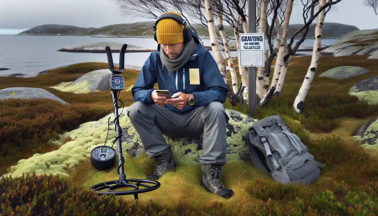 Authorized metal detectorist checks permit and map in a norwegian park