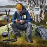 Authorized metal detectorist checks permit and map in a norwegian park