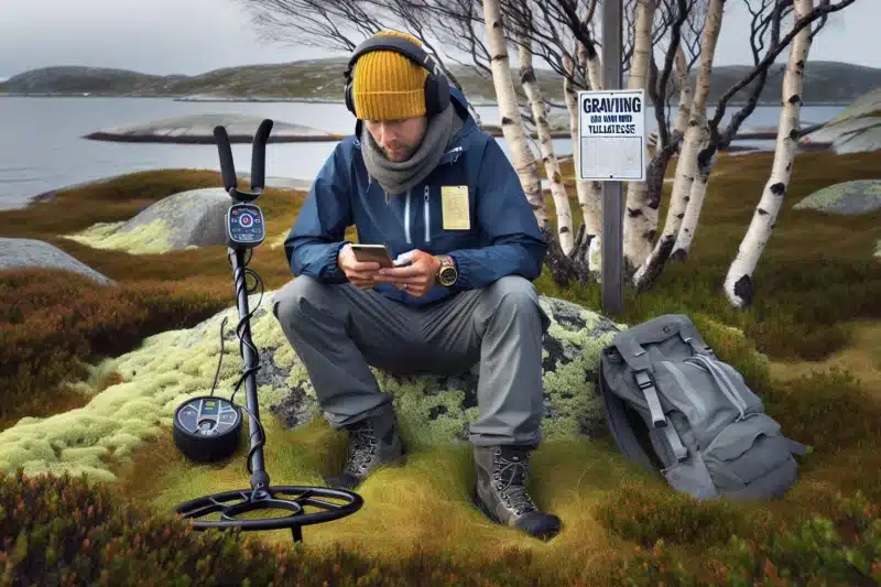 Authorized metal detectorist checks permit and map in a norwegian park