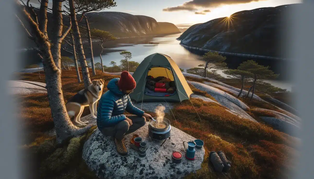 Camper cooks on a gas stove by a norwegian fjord dog on leash