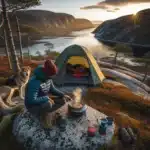 Camper cooks on a gas stove by a norwegian fjord dog on leash