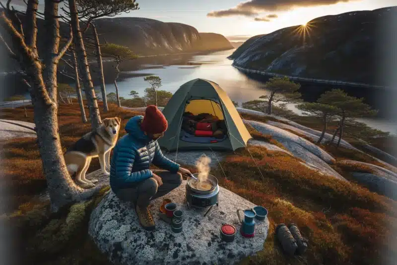 Camper cooks on a gas stove by a norwegian fjord dog on leash