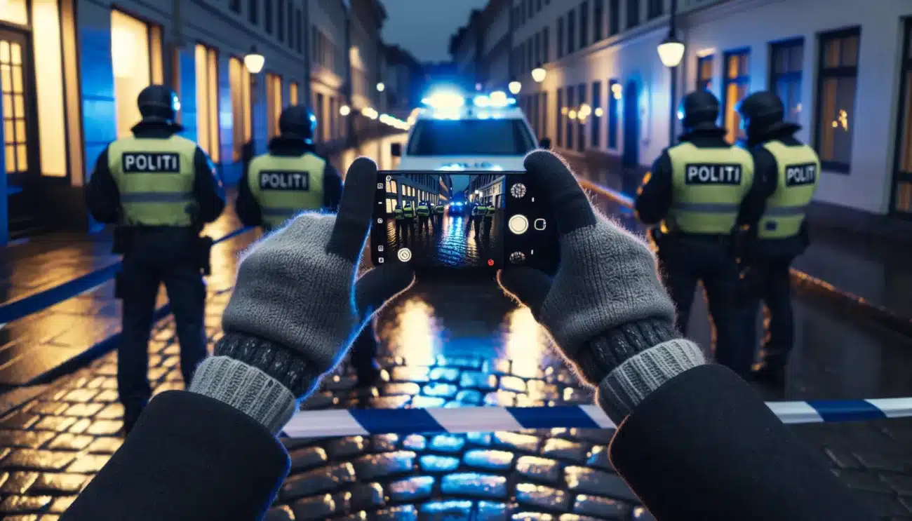 Citizen films norwegian police behind tape on a rainy city street