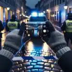 Citizen films norwegian police behind tape on a rainy city street