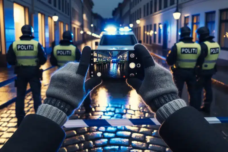 Citizen films norwegian police behind tape on a rainy city street