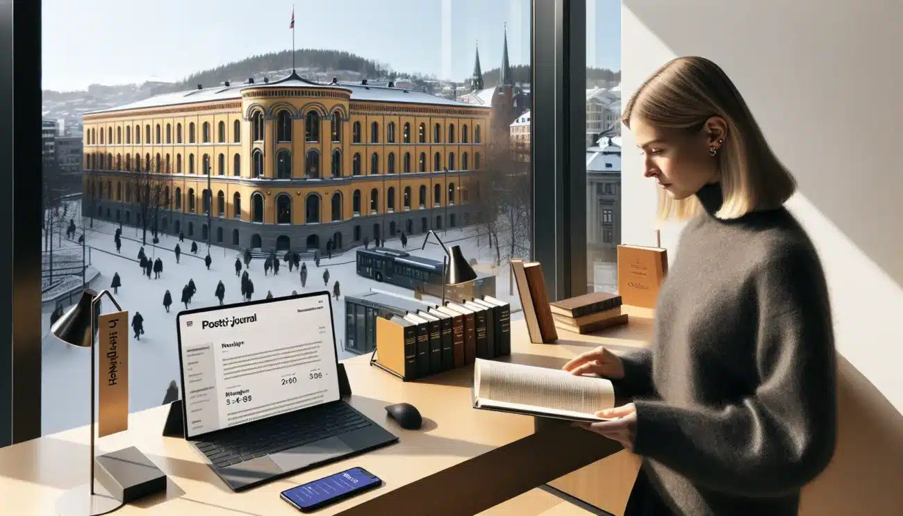 Citizen reviews redacted document beside laptop showing einnsyn stortinget in background