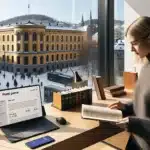 Citizen reviews redacted document beside laptop showing einnsyn stortinget in background
