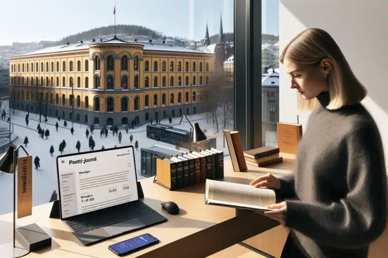 Citizen reviews redacted document beside laptop showing einnsyn stortinget in background