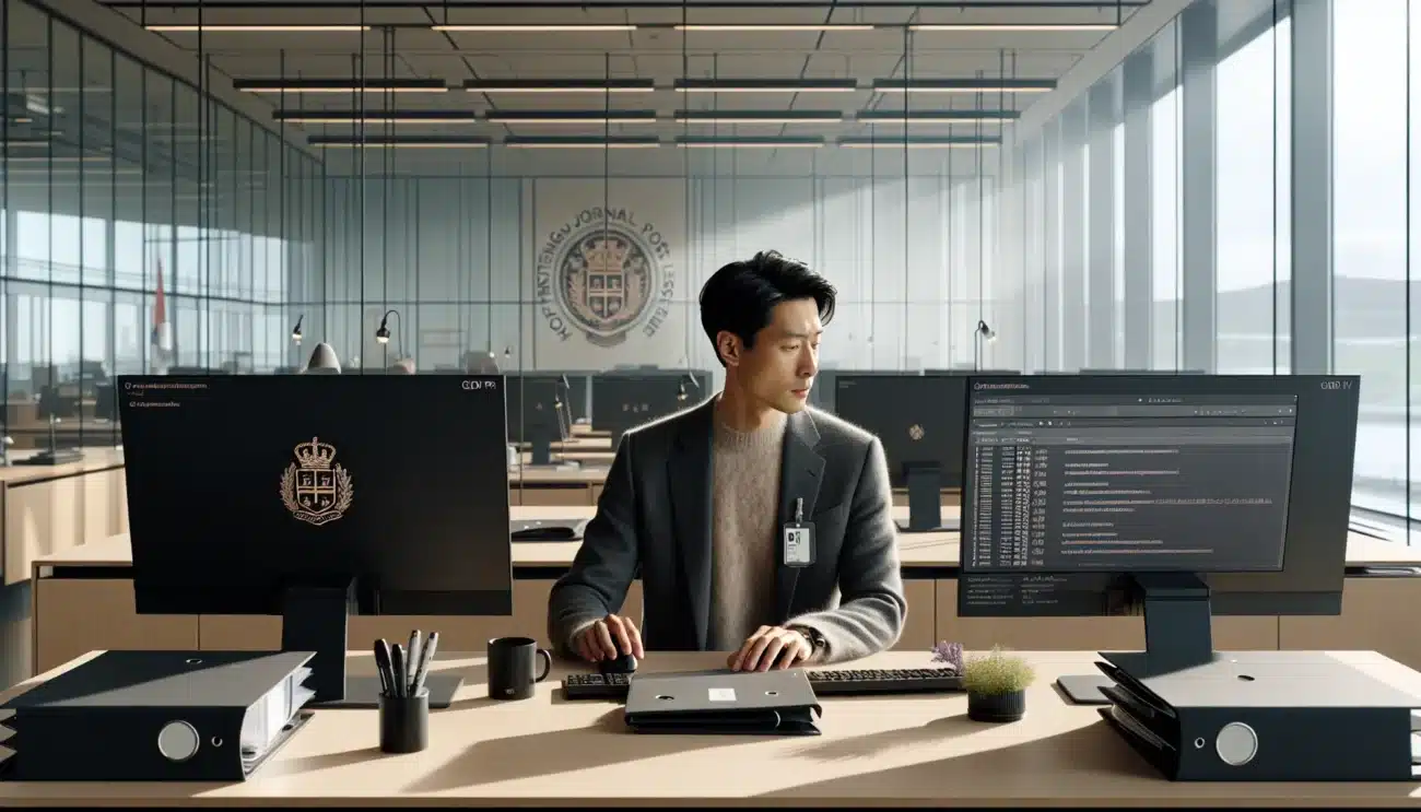 Norwegian civil servant redacting public records under gdpr in a bright office