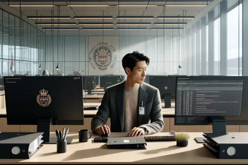 Norwegian civil servant redacting public records under gdpr in a bright office