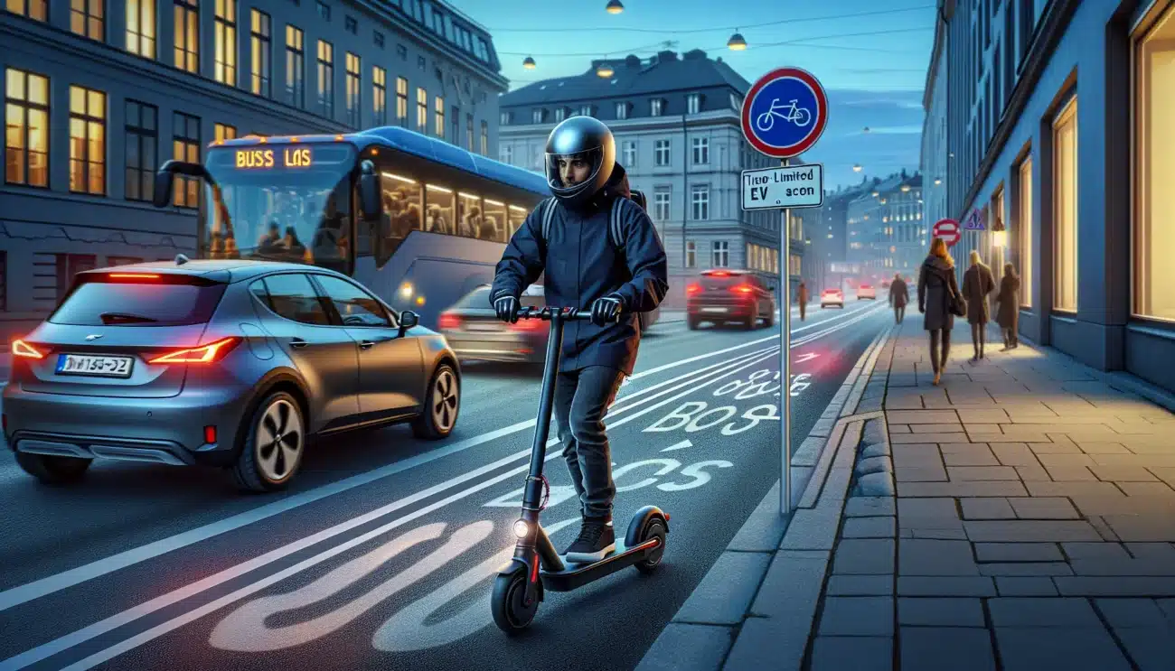 Oslo street with e scooter rider and ev in bus and bike lanes