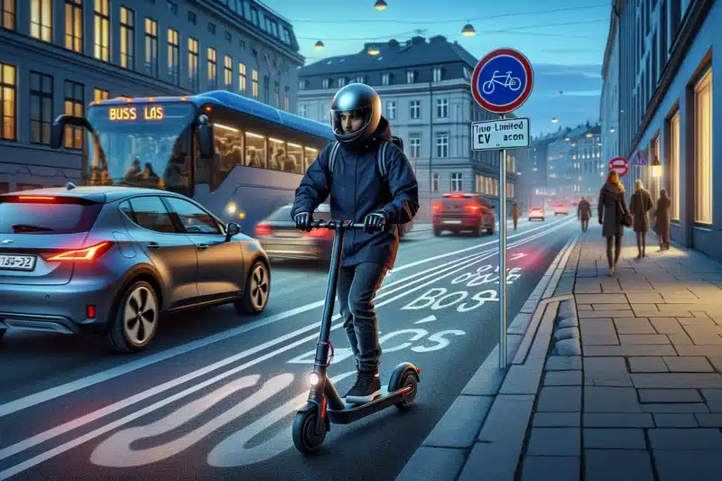 Oslo street with e scooter rider and ev in bus and bike lanes