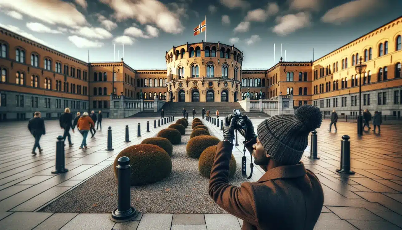 Photographer capturing stortinget from a public sidewalk in oslo norway
