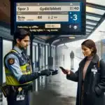Ticket inspector scans passenger s digital ticket on a rainy norwegian platform