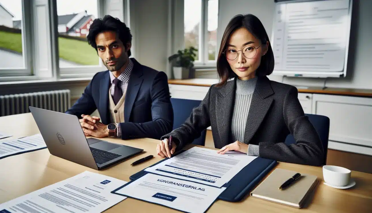Two professionals reviewing norwegian procurement documents with doffin on screen