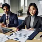 Two professionals reviewing norwegian procurement documents with doffin on screen